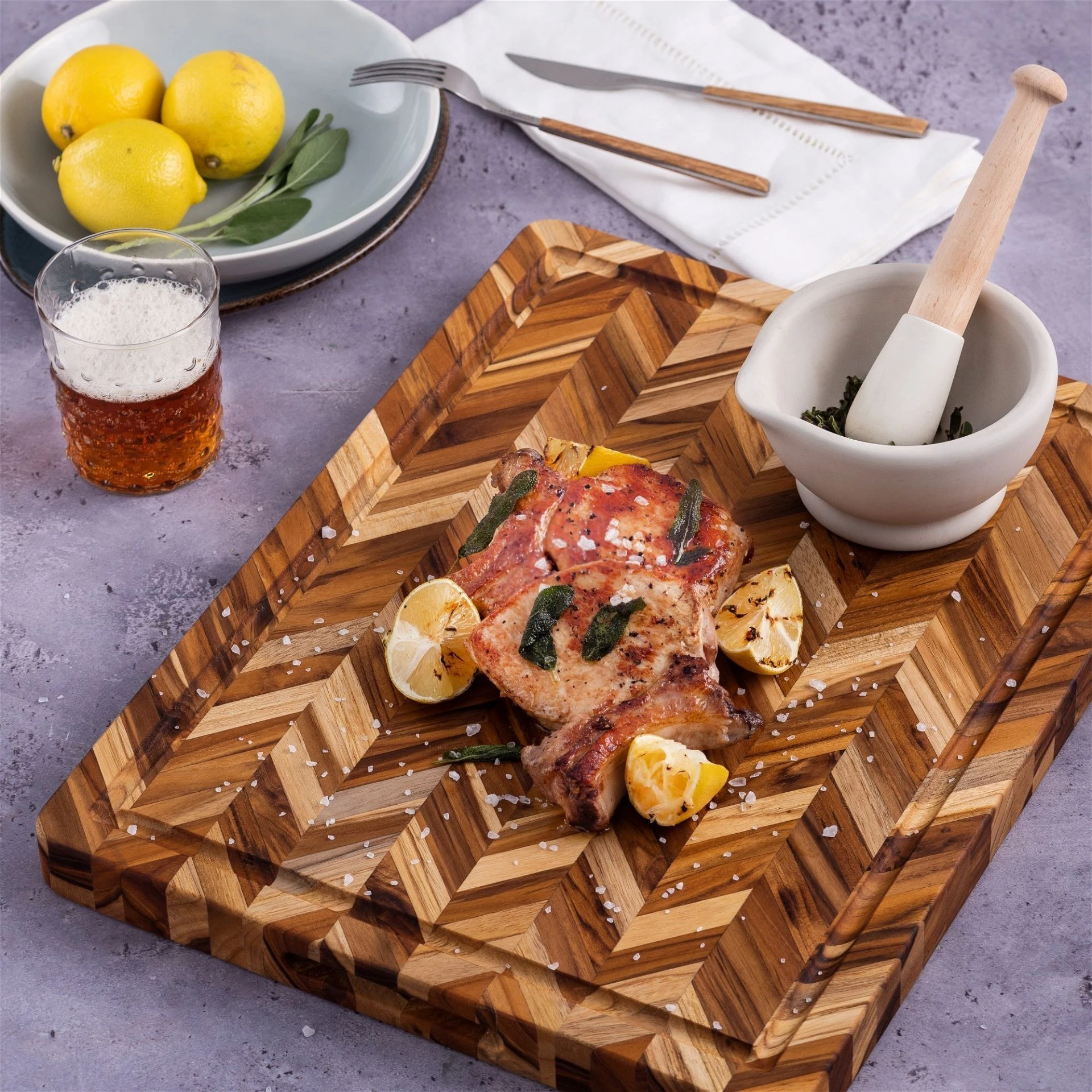 TeakHaus Herringbone Edge-Grain Cutting/Serving Board W/Hand Grips + Juice Canal (Rectangle) | 20" X 16" X 1.5" - Image 2