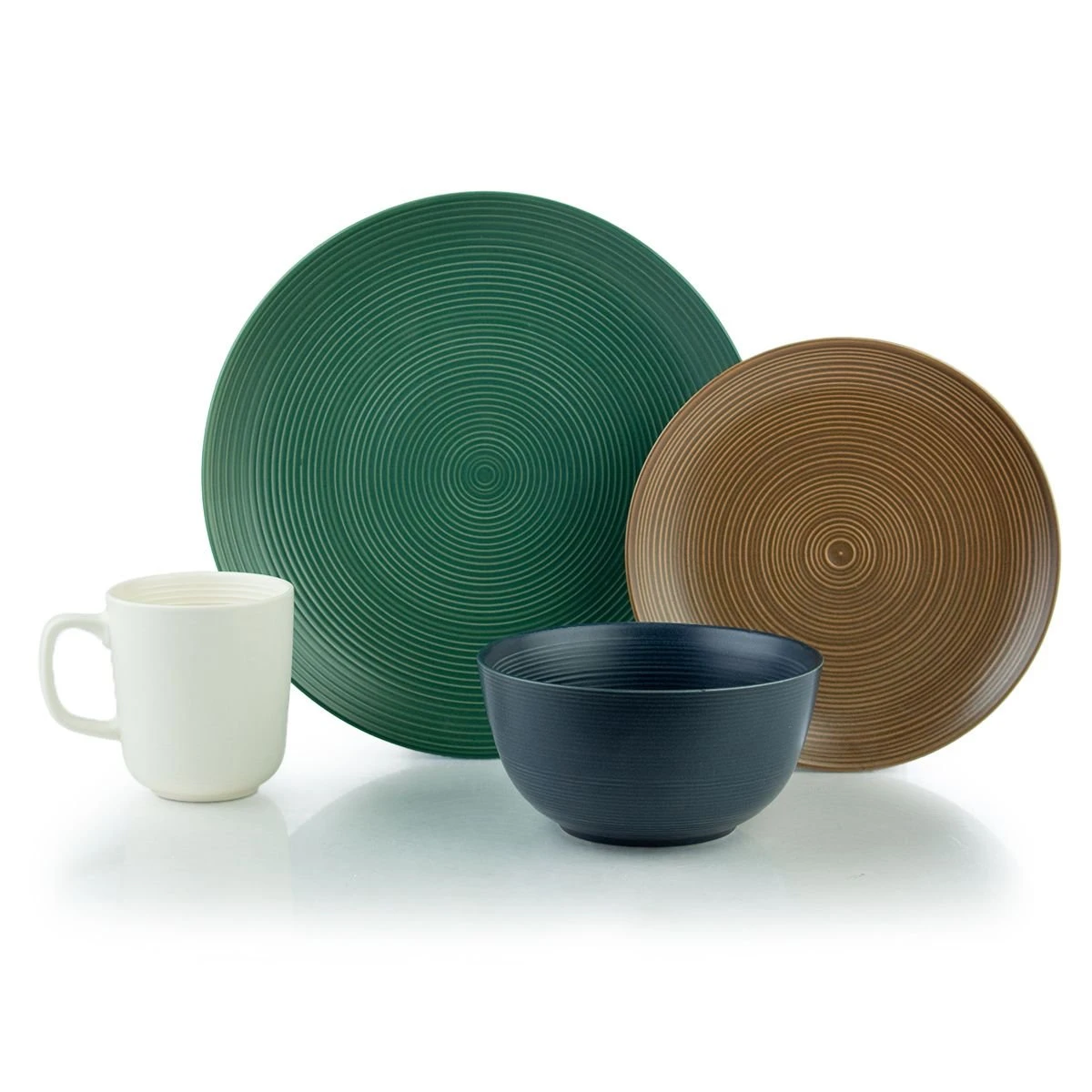 Everything Kitchens Modern Colorful Neutrals - Rippled 16-Piece Dinnerware Set - Matte | Green, Mocha, Charcoal, Ivory