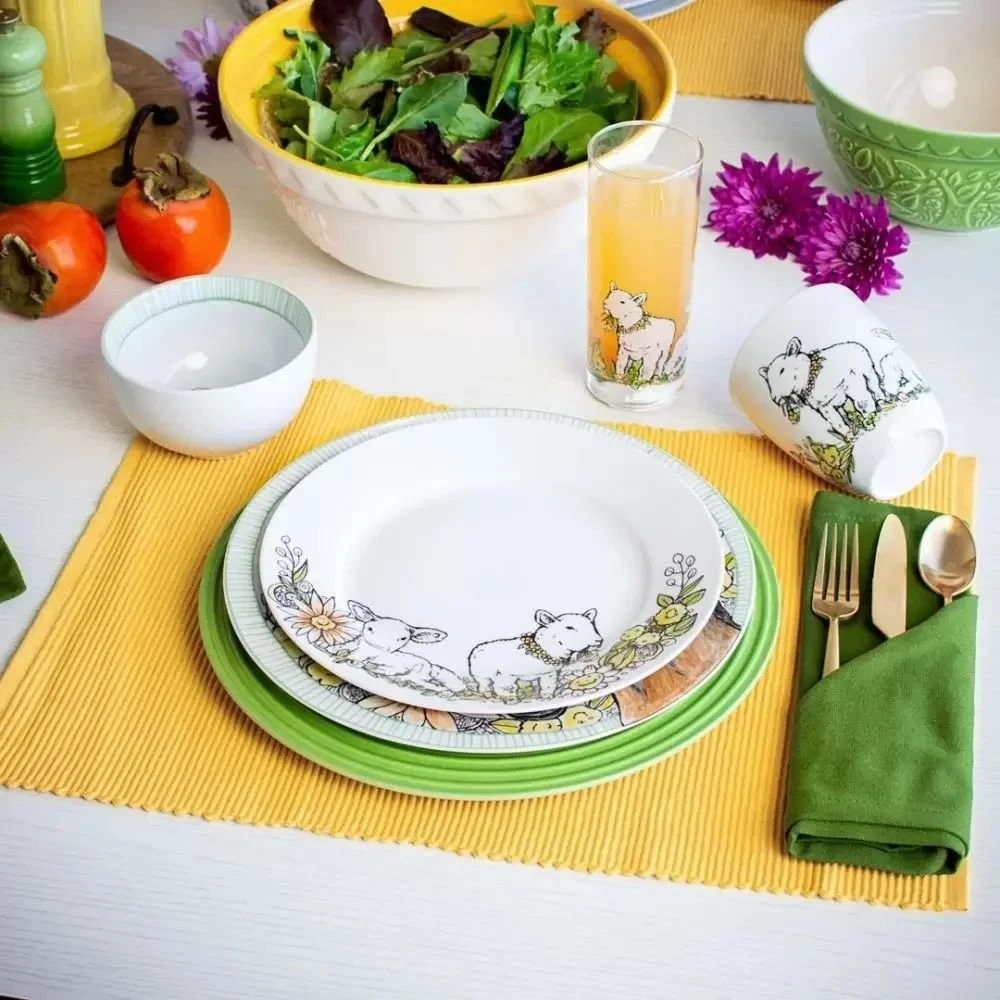 Everything Kitchens Barnyard Baby Animals 16-Piece Dinnerware Set With Glasses | "Leaping Sheep" - Lamb - Image 6