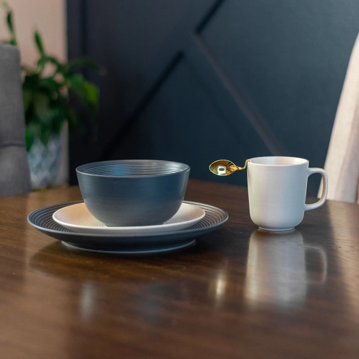 Everything Kitchens Modern Colorful Neutrals - Rippled 16-Piece Dinnerware Set - Matte | Charcoal & Beige - Image 3