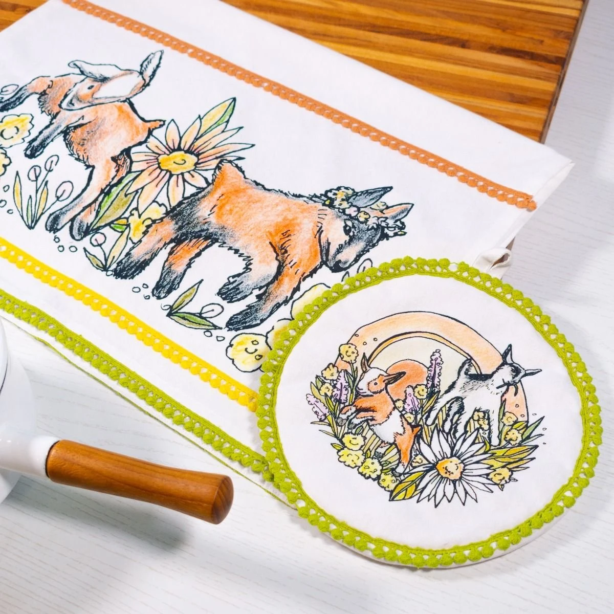 Everything Kitchens Barnyard Baby Animals 9" Round Pot Holder | "Caprine Caper Goats" - Kid - Image 3