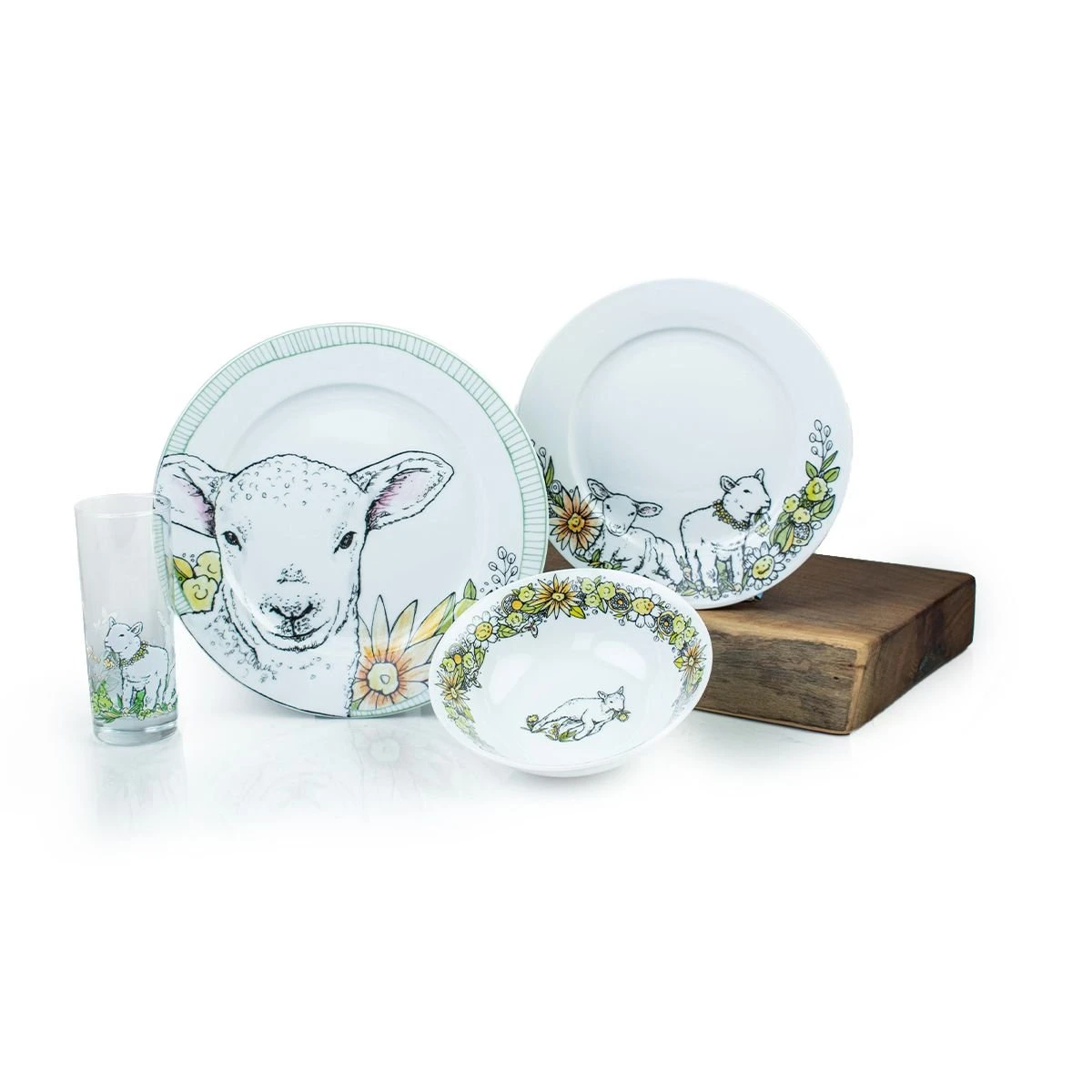Everything Kitchens Barnyard Baby Animals 16-Piece Dinnerware Set With Glasses | "Leaping Sheep" - Lamb