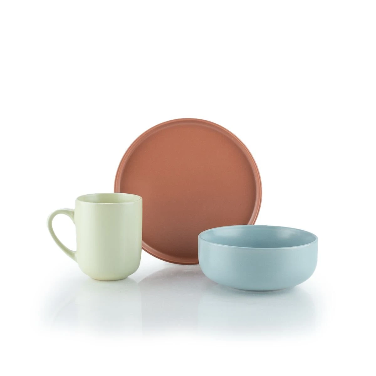 Everything Kitchens Modern Flat 12-Piece Breakfast Set | Terracotta, Dusty Blue, Beige