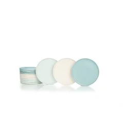 Everything Kitchens Modern Flat 12-Piece Lunch Plate Set | Soft Pink, Dusty Blue & Stone Gray