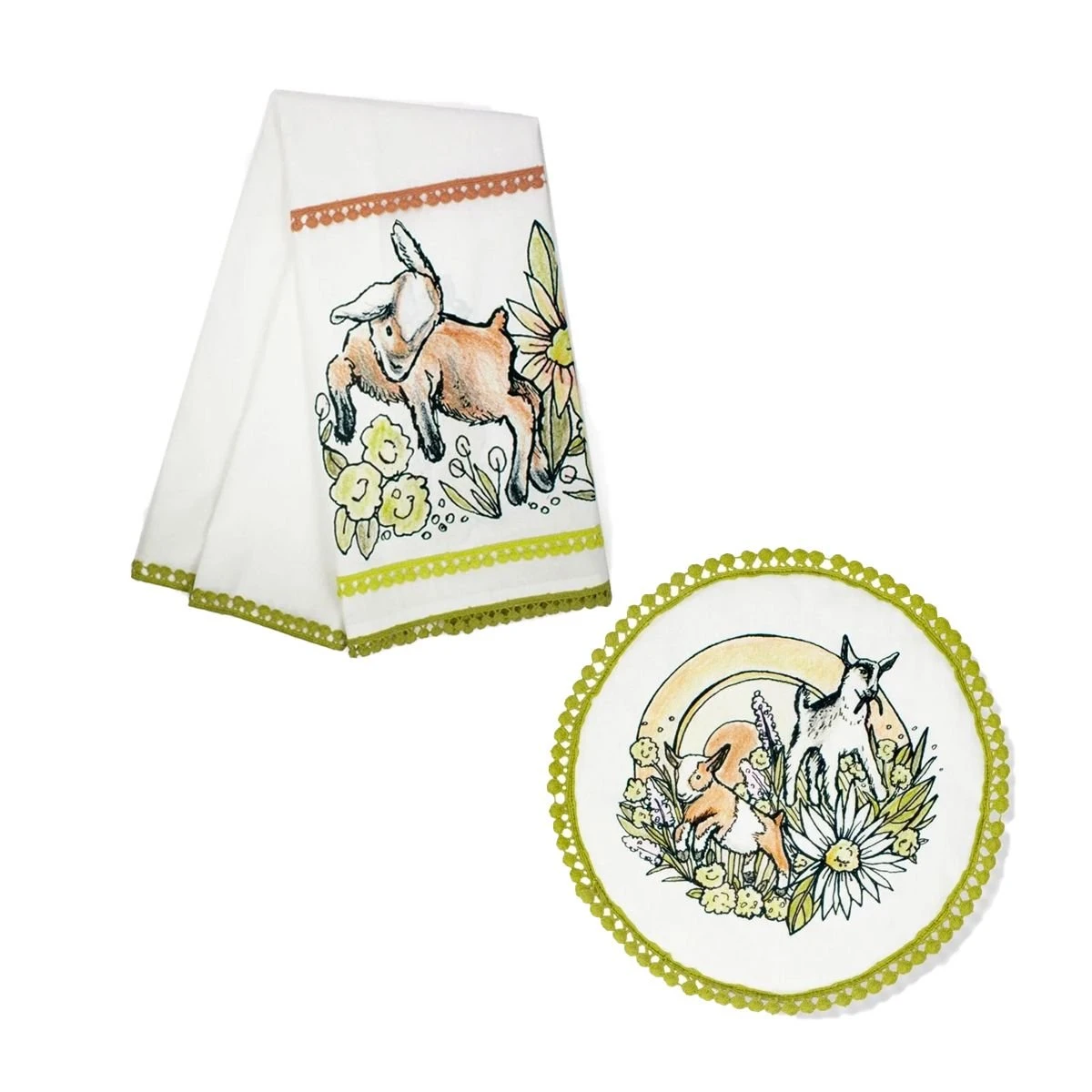 Everything Kitchens Barnyard Baby Animals Tea Towel + Pot Holder Set | "Caprine Caper Goats" - Kid