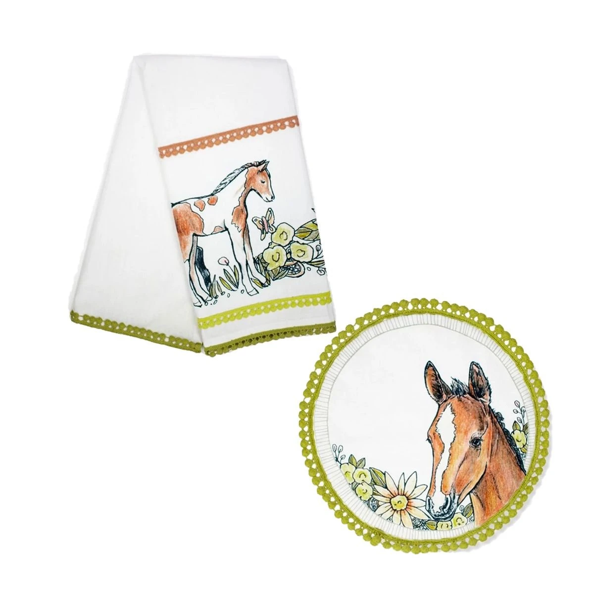 Everything Kitchens Barnyard Baby Animals Tea Towel + Pot Holder Set | "Hold Your Baby Horses" - Foal