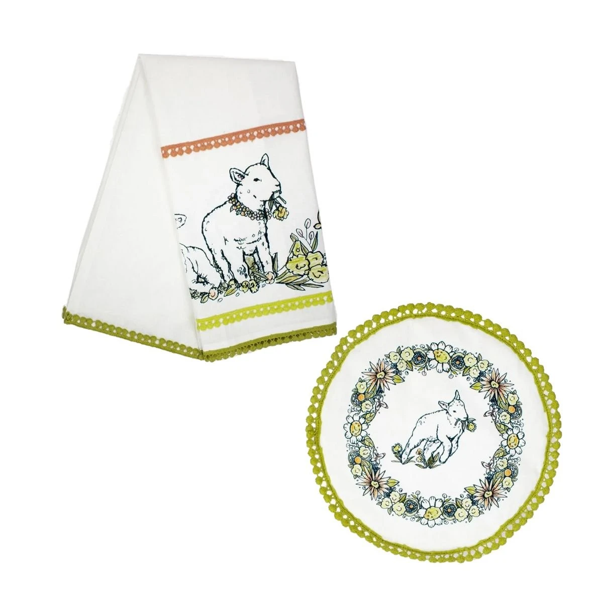 Everything Kitchens Barnyard Baby Animals Tea Towel + Pot Holder Set | "Leaping Sheep" - Lamb