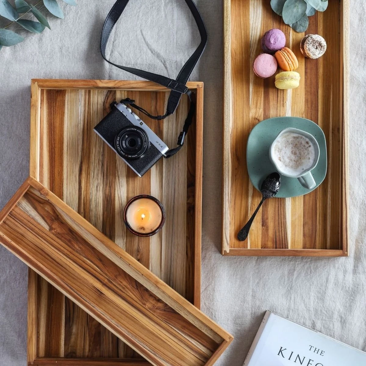 TeakHaus Timeless Edge Grain Nesting Rectangle Tray With Handgrips | 18" X 6" X 1" - Image 3