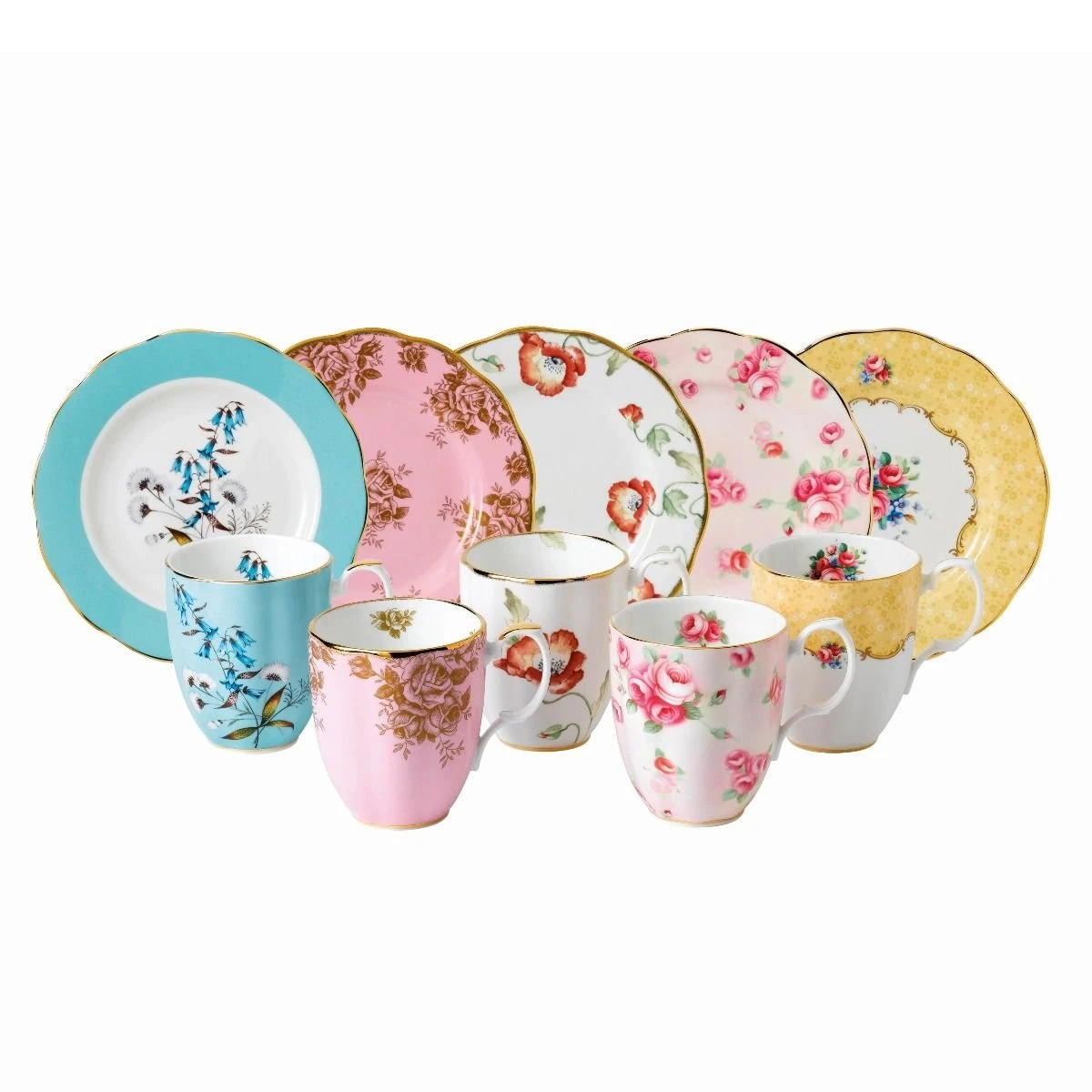 Royal Albert 100 Years 1950-1990 10-Piece Set | Festival, Golden Rose, Poppy, Rose Blush & Bouquet