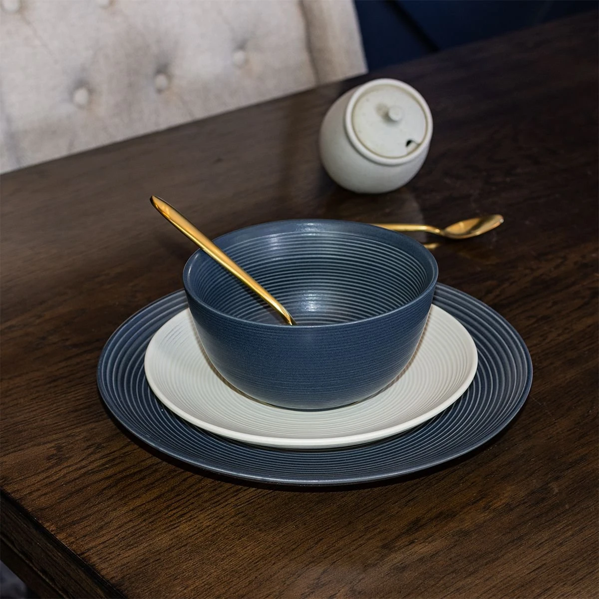 Everything Kitchens Modern Colorful Neutrals - Rippled 16-Piece Dinnerware Set - Matte | Charcoal & Beige - Image 11