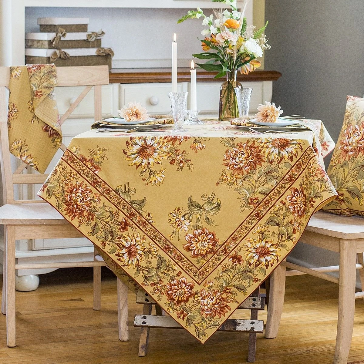 April Cornell 54" X 54" Dahlia Days Breakfast Tablecloth | Gold - Image 2