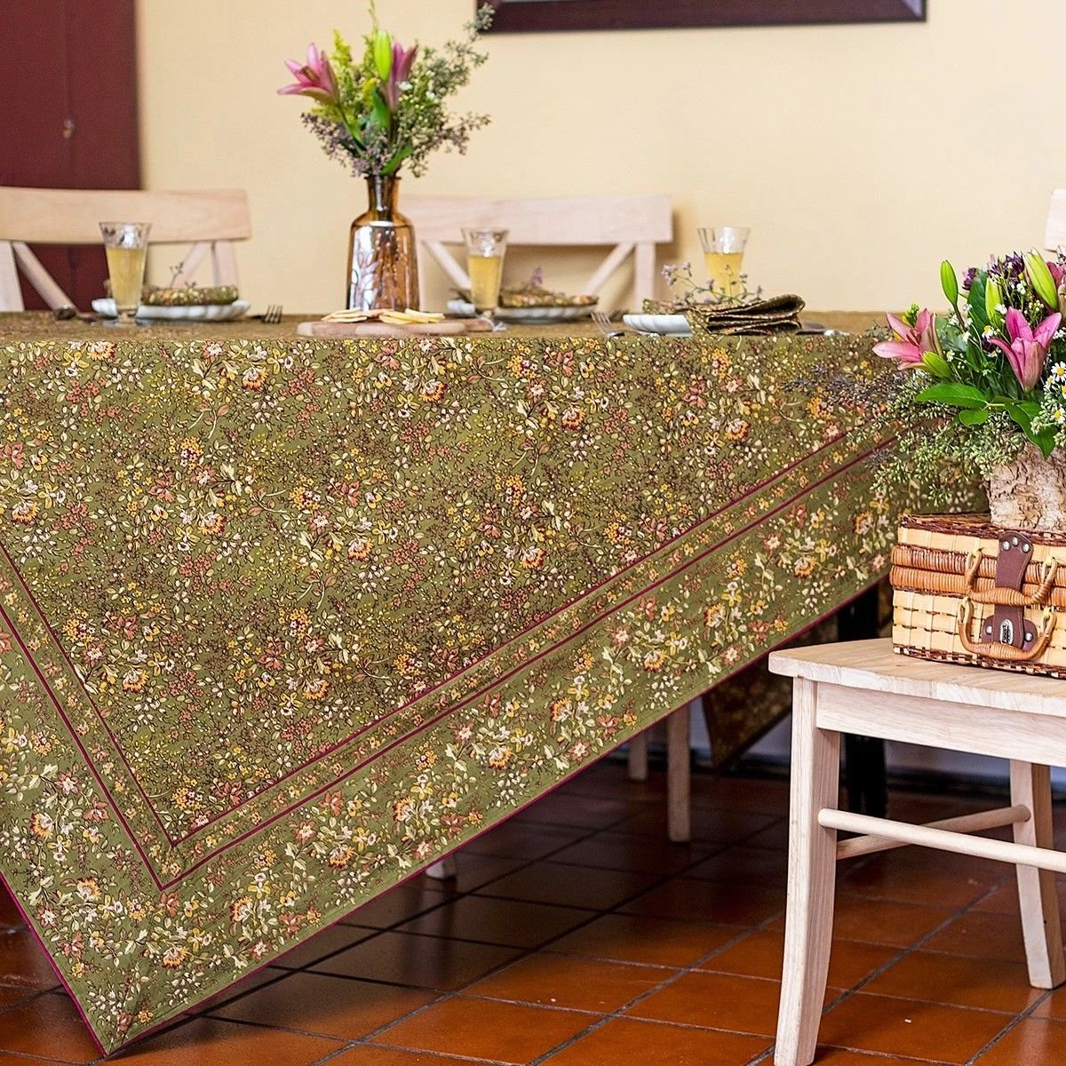 April Cornell 60" X 90" Penelope Dining Tablecloth | Olive - Image 2